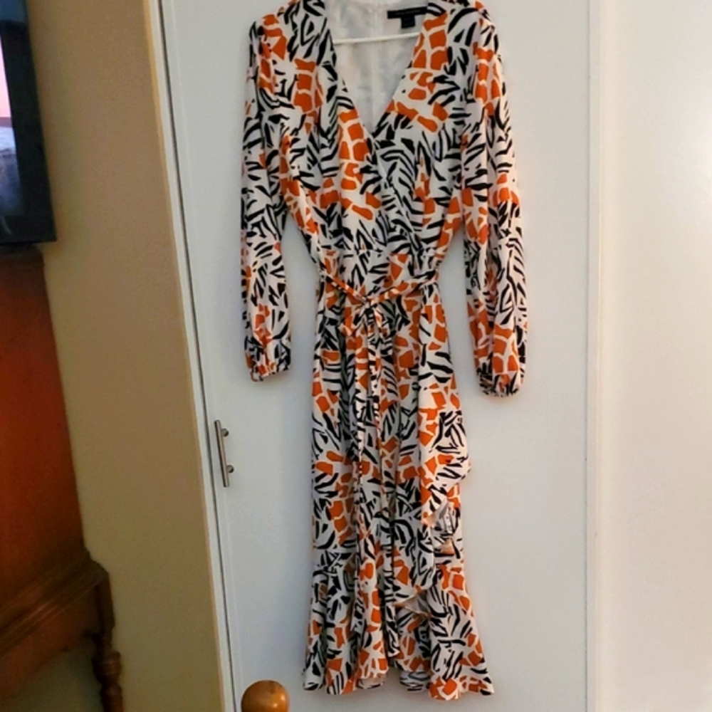 French Connection Long Sleeve Dress in Orange and Black Print